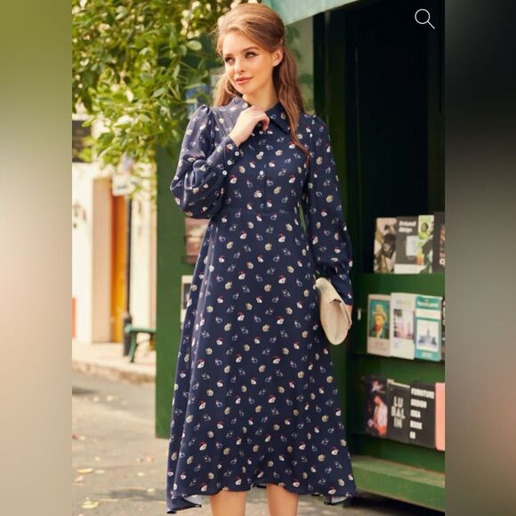 Modcloth Romantic Era Button Front Midi Dress Santa Cat Print Christmas Navy XL - Picture 3 of 13